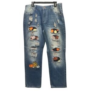 Halloween Fall Orange Pumpkin Patchwork Distressed Straight‎ Leg Jeans Size 2XL